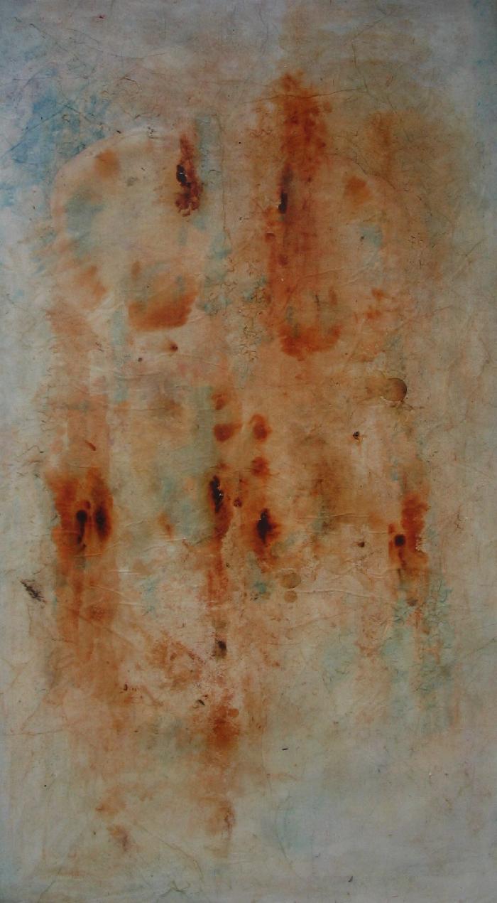 Grande trace colorée 2005, Indian ink, Japanese paper,  on canvas,167x97cm. 